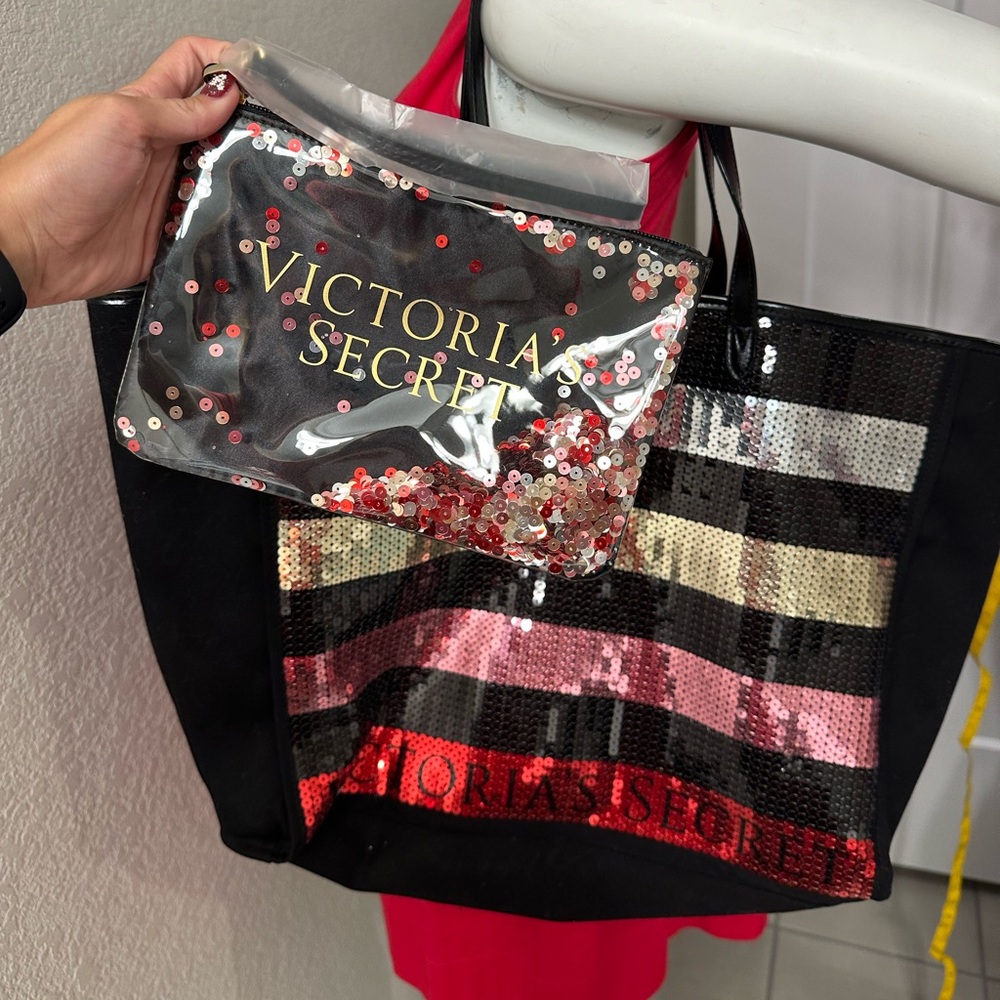 BRAND NEW WITH TAGS Victorias Secret Glitter Colorful Tote & Sequined Makeup Bag